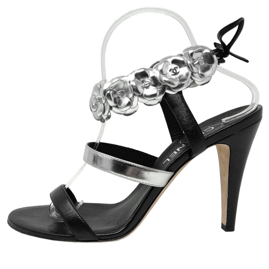 Chanel Black Silver Leather Camellia Flower Logo Ankle Strap High Heels Sandals