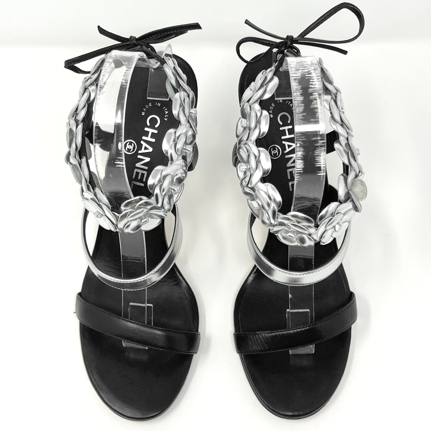Chanel Black Silver Leather Camellia Flower Logo Ankle Strap High Heels Sandals Size EU 40