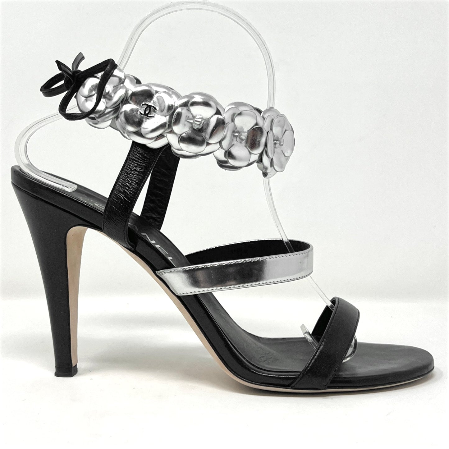 Chanel Black Silver Leather Camellia Flower Logo Ankle Strap High Heels Sandals Size EU 40