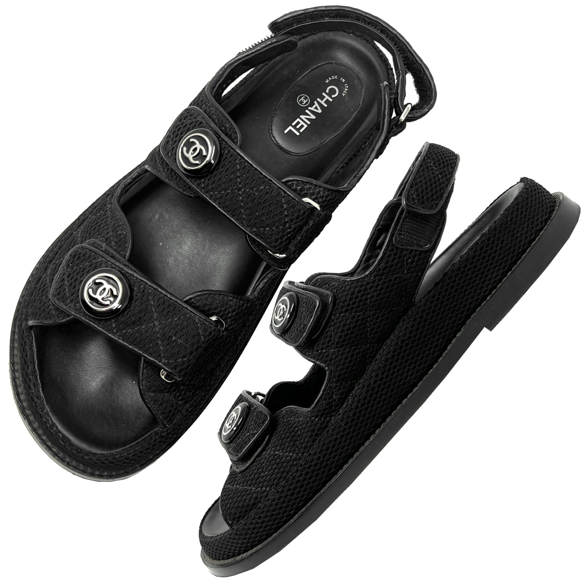 Chanel Interlocking Logo Black Quilted Fabric Double Strap Dad Flat Sandals