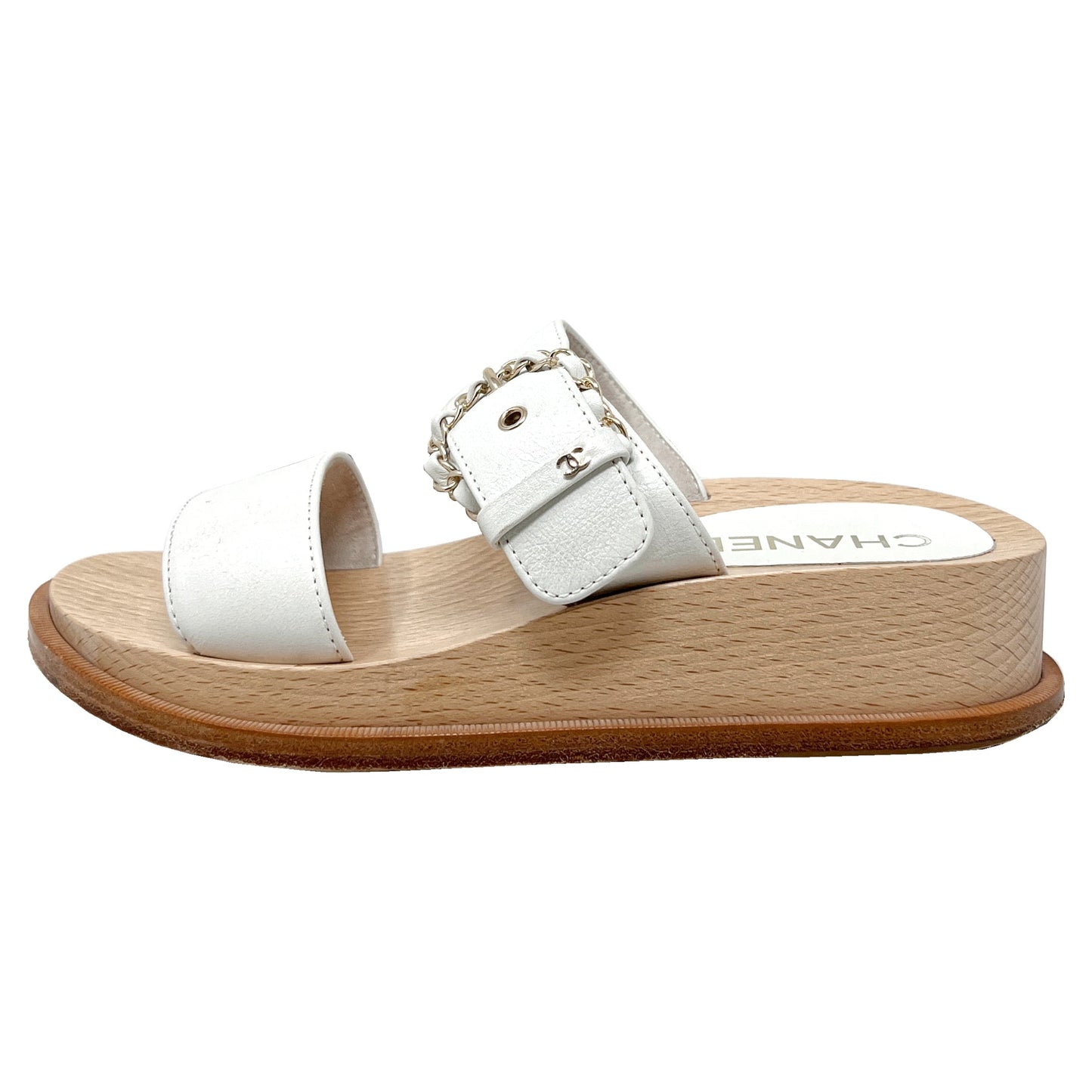Chanel CC Logo Chain Detail White Leather Wooden Sole Mule Slip On Sandals