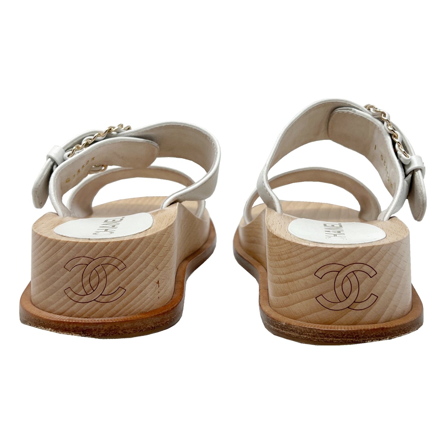 Chanel CC Logo Chain Detail White Leather Wooden Sole Mule Sandals Size EU 37