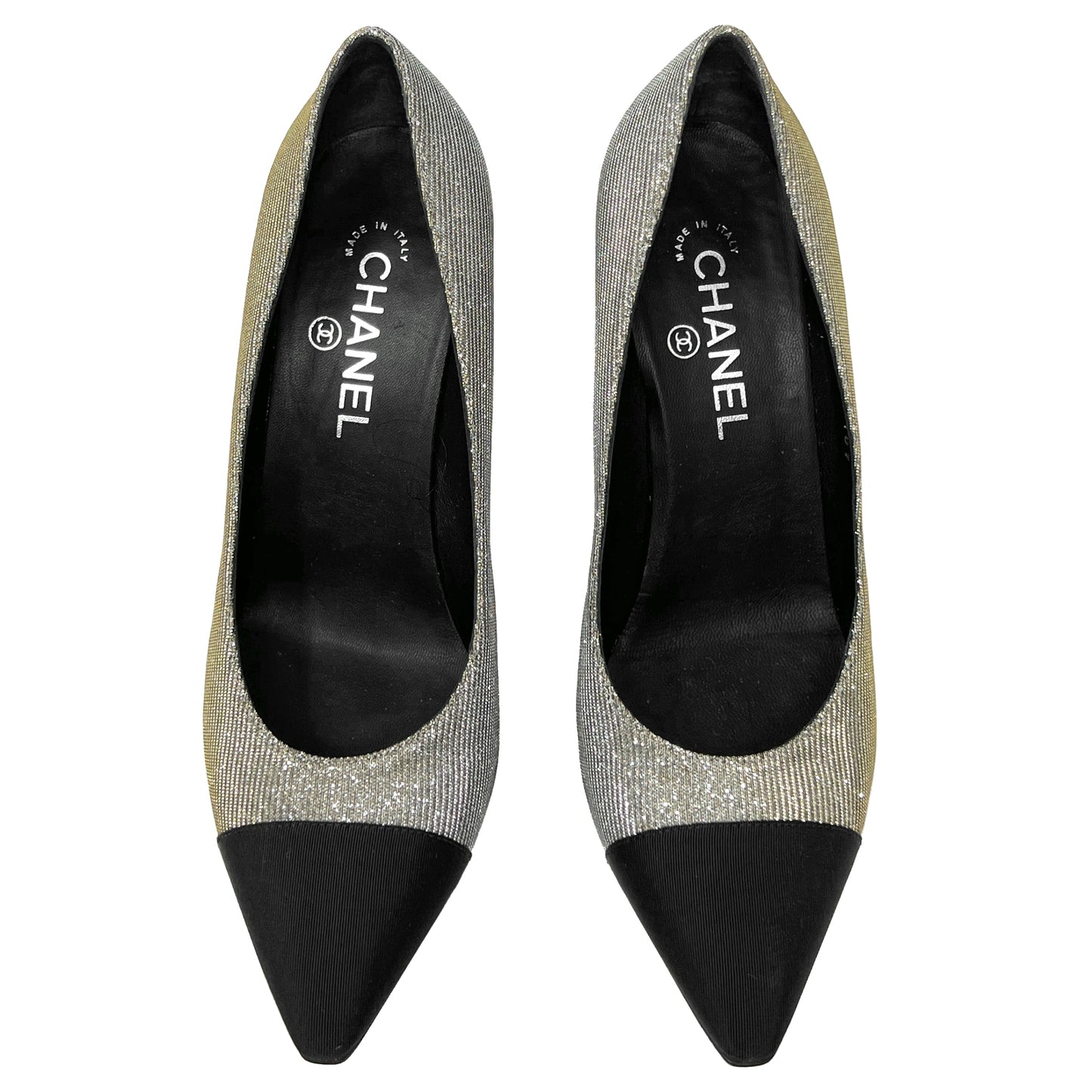 Chanel Grosgrain Cap Toe Metallic Fabric Lurex Pointed toe Logo Heels Pumps