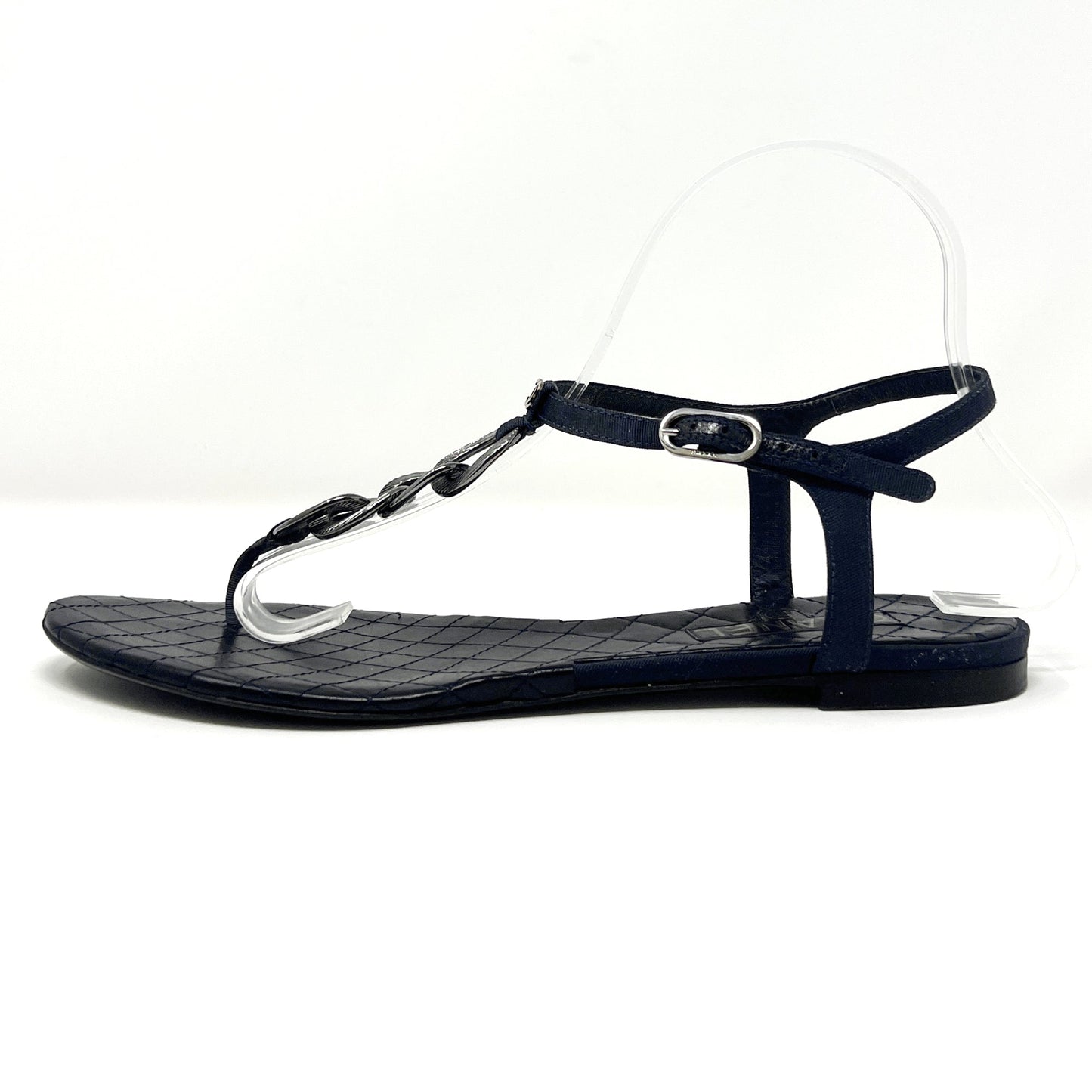 Chanel Navy Blue Quilted Leather Grosgrain CC Logo Chain Flats Thongs Sandals Size EU 39