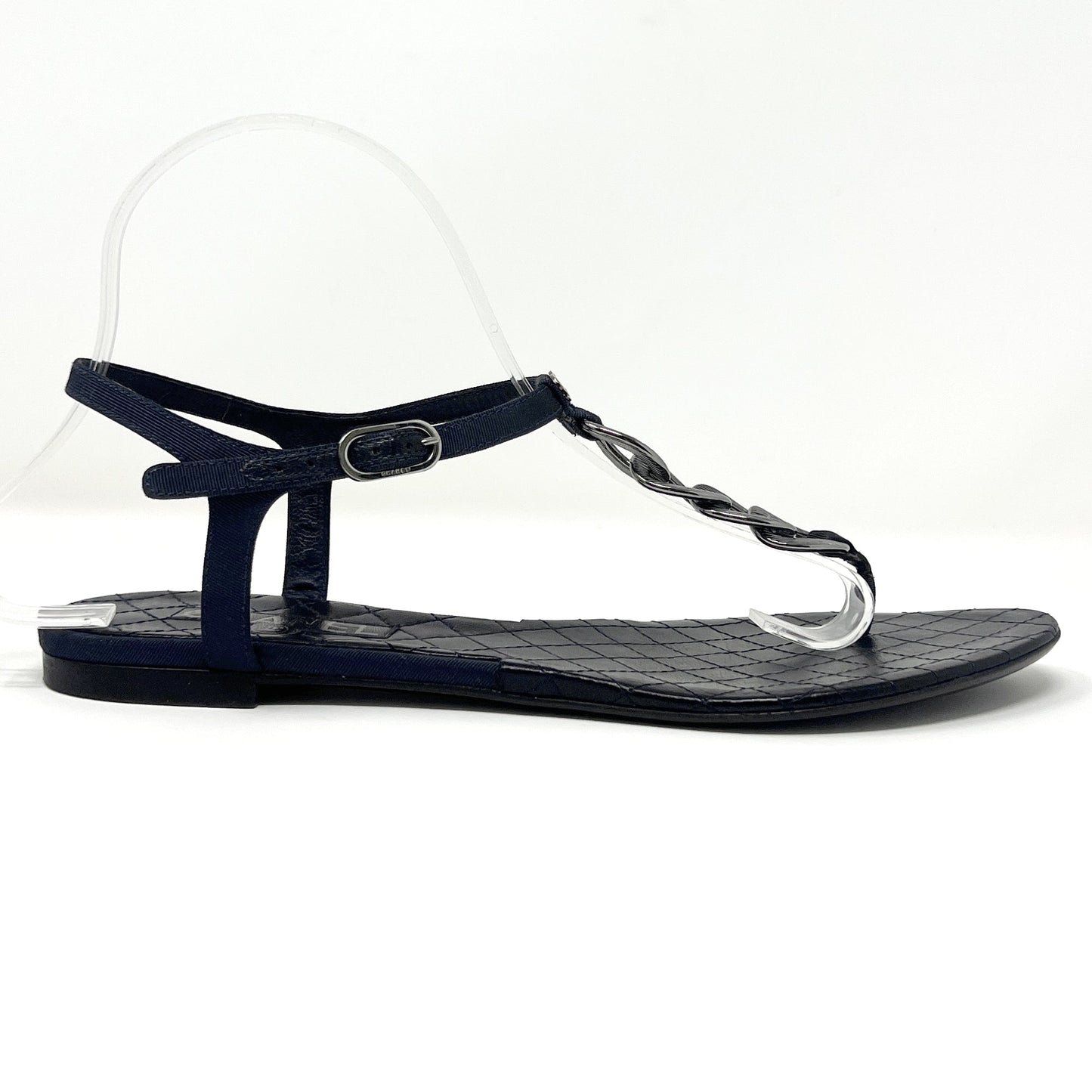 Chanel Navy Blue Quilted Leather Grosgrain CC Logo Chain Flats Thongs Sandals Size EU 39