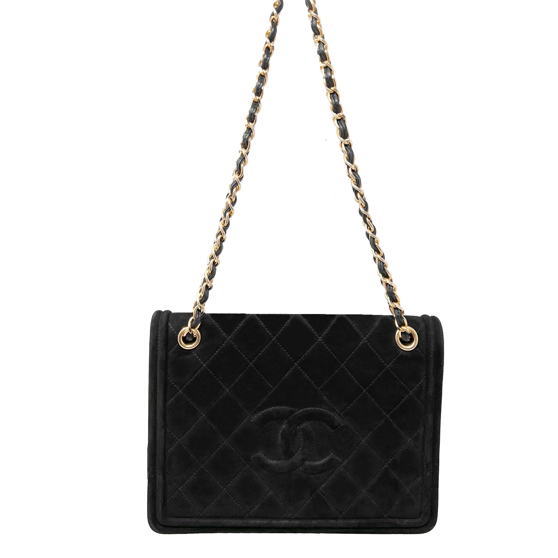 Chanel Vintage Early 90s Black Quilted Suede Gold Hardware Flap Chain Strap Bag