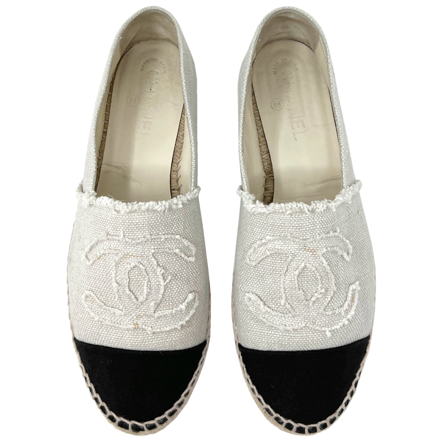 Chanel Black Cap Toe Beige Cotton Canvas Interlocking CC Logo Espadrilles Flats