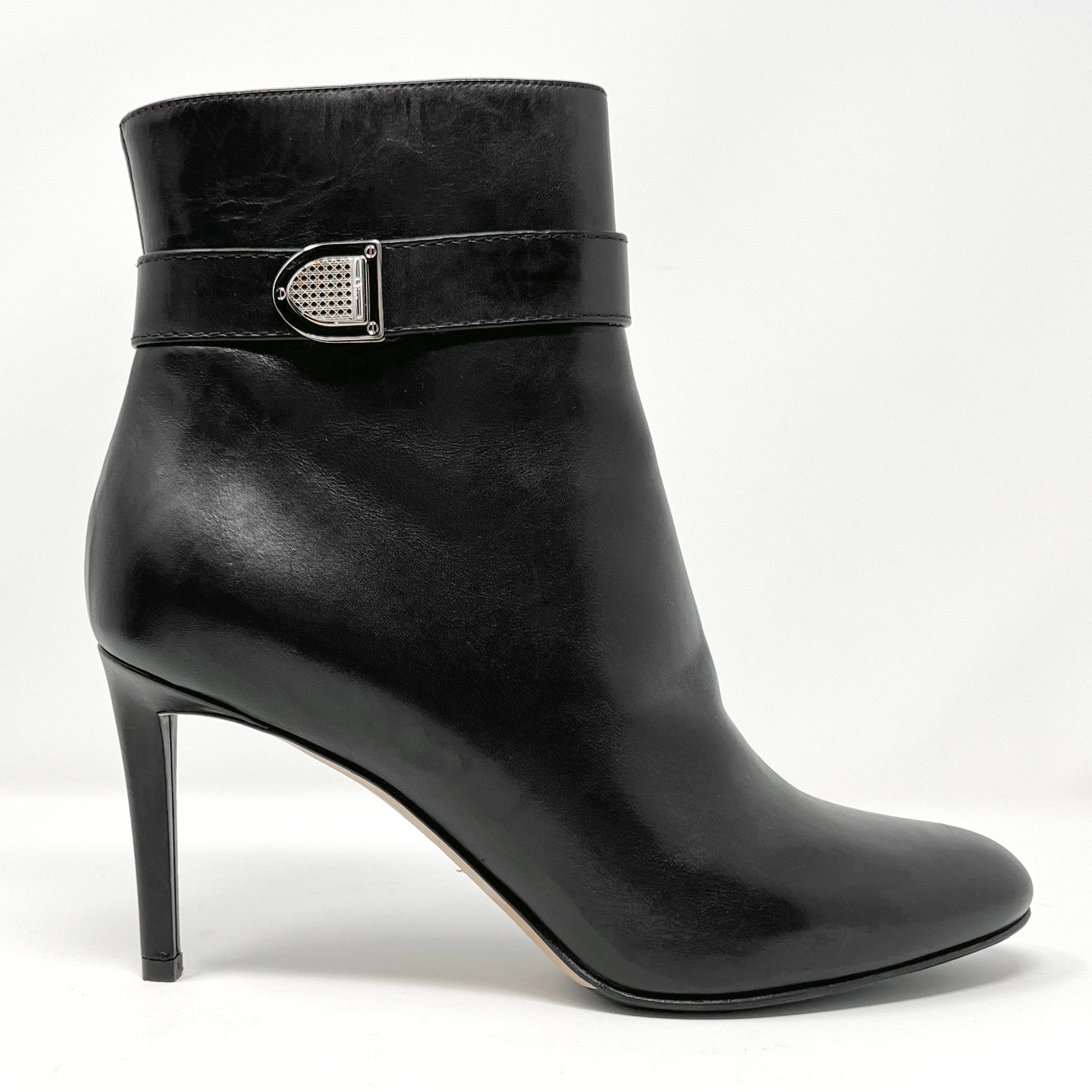 Christian Dior Black Leather Almond Round Toe Silver Buckle Heels Ankle Boots