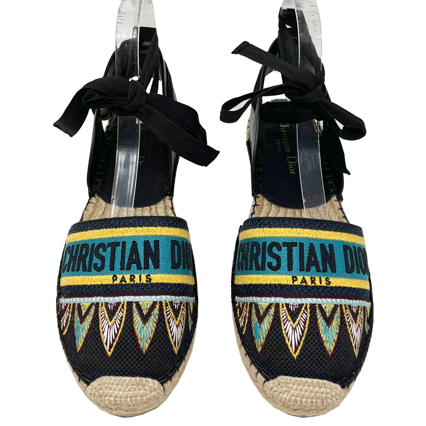 Christian Dior Nicely-D Ethnic Print Cloth Logo Ankle Wrap Slingback Espadrilles Size EU 41
