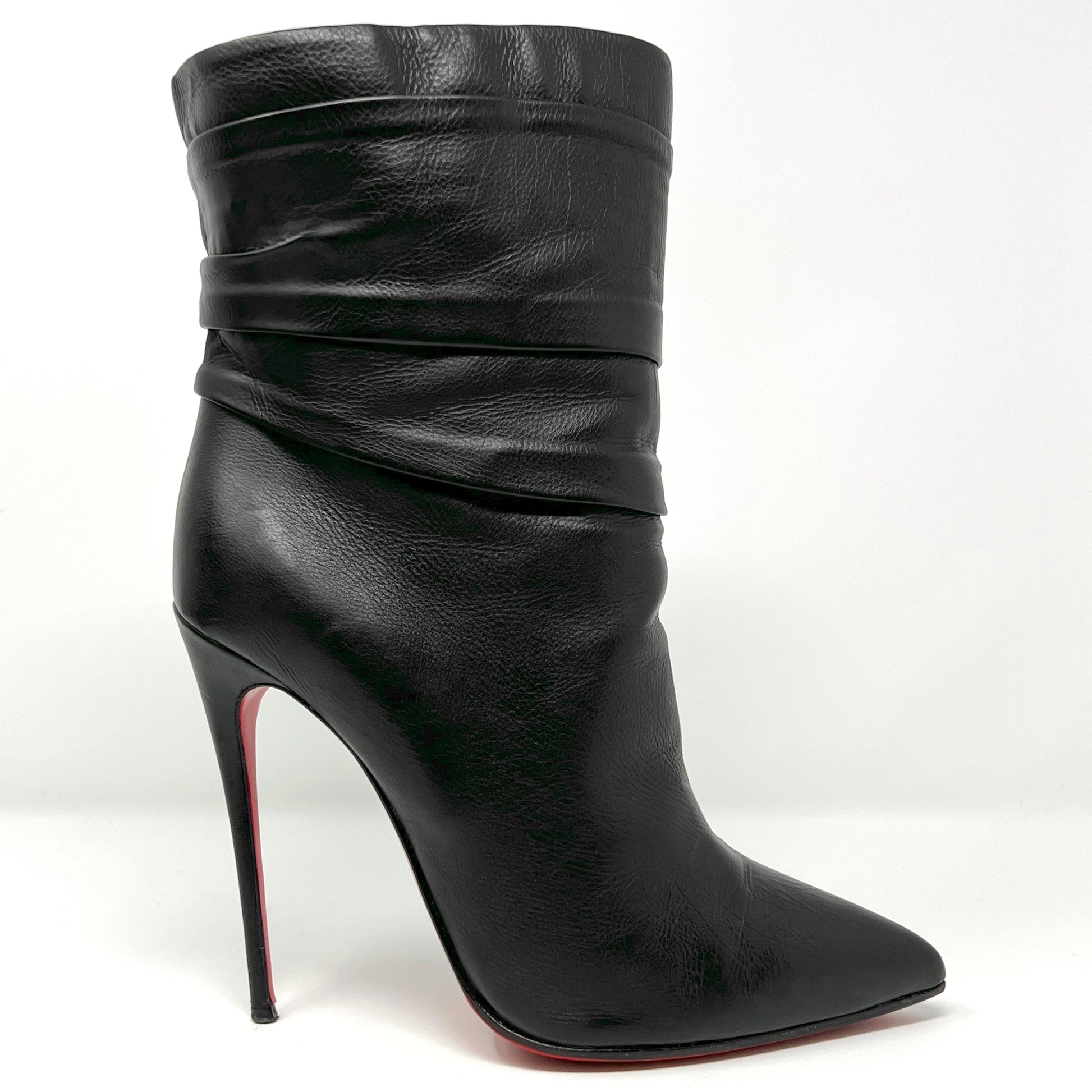 Christian Louboutin Ishtar Foulard Black Leather Mid Calf Pointed Stiletto Heels Boots