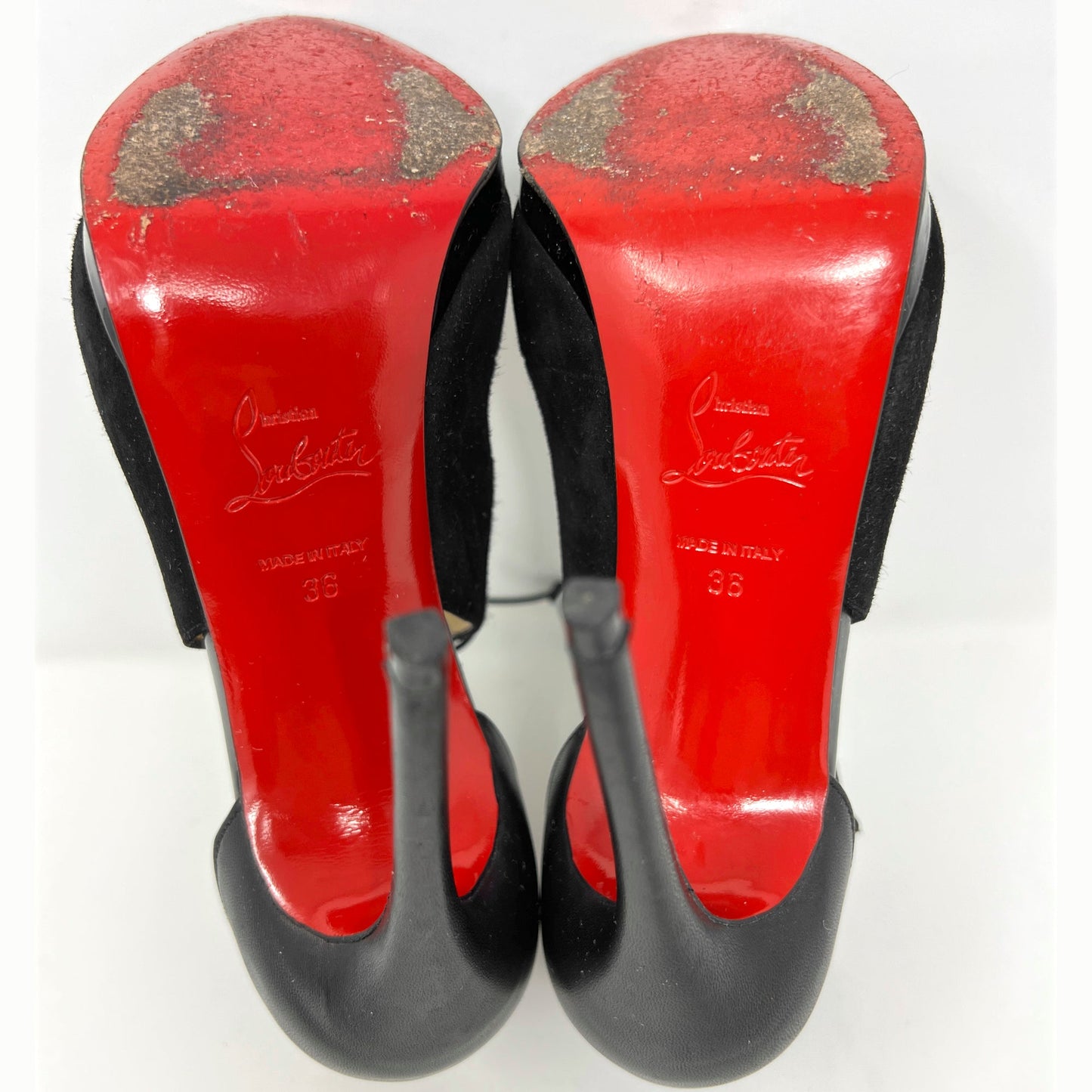 Christian Louboutin Campanina Black Suede Patent Leather Tie Front Pumps Heels Size EU 36