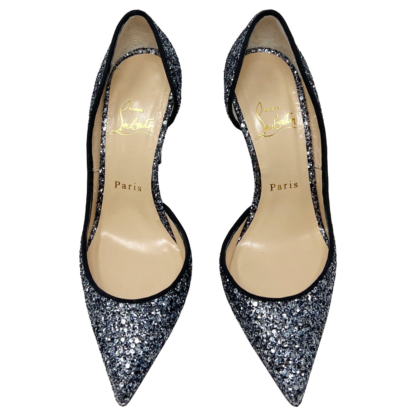 Christian Louboutin Iriza Blue Silver Glitter Pointed Toe D'Orsay Pumps Heels Size EU 35.5
