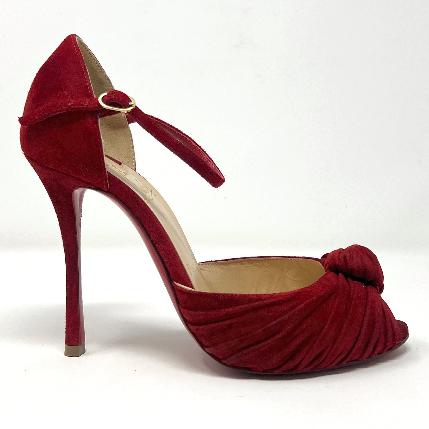 Christian Louboutin Marchavekel Red Suede Knot Peep Toe Ankle Strap Pumps Size EU 36