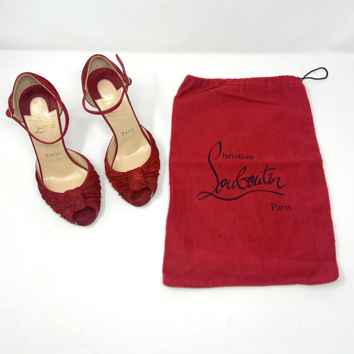 Christian Louboutin Marchavekel Red Suede Knot Peep Toe Ankle Strap Pumps Size EU 36