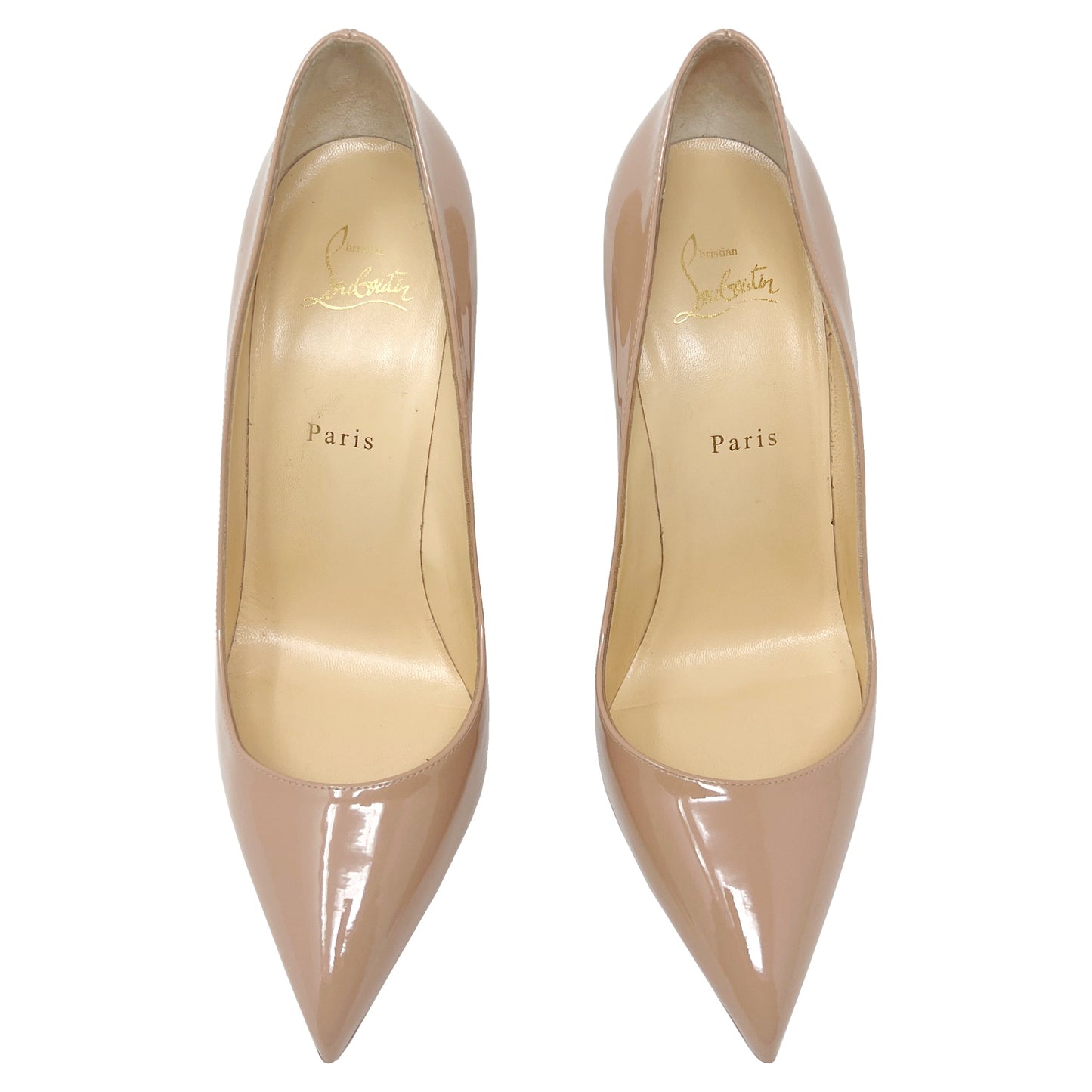 Christian Louboutin Pigalle Follies 100 Nude Tan Patent Leather Pointed Stiletto Pumps Heels