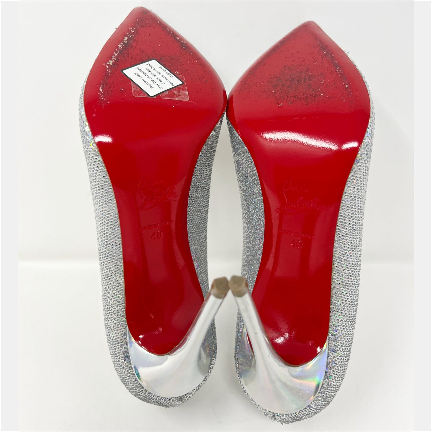 Christian Louboutin Pigalle Follies 100 Silver Iredescent Sequin Heels Pumps Size EU 40