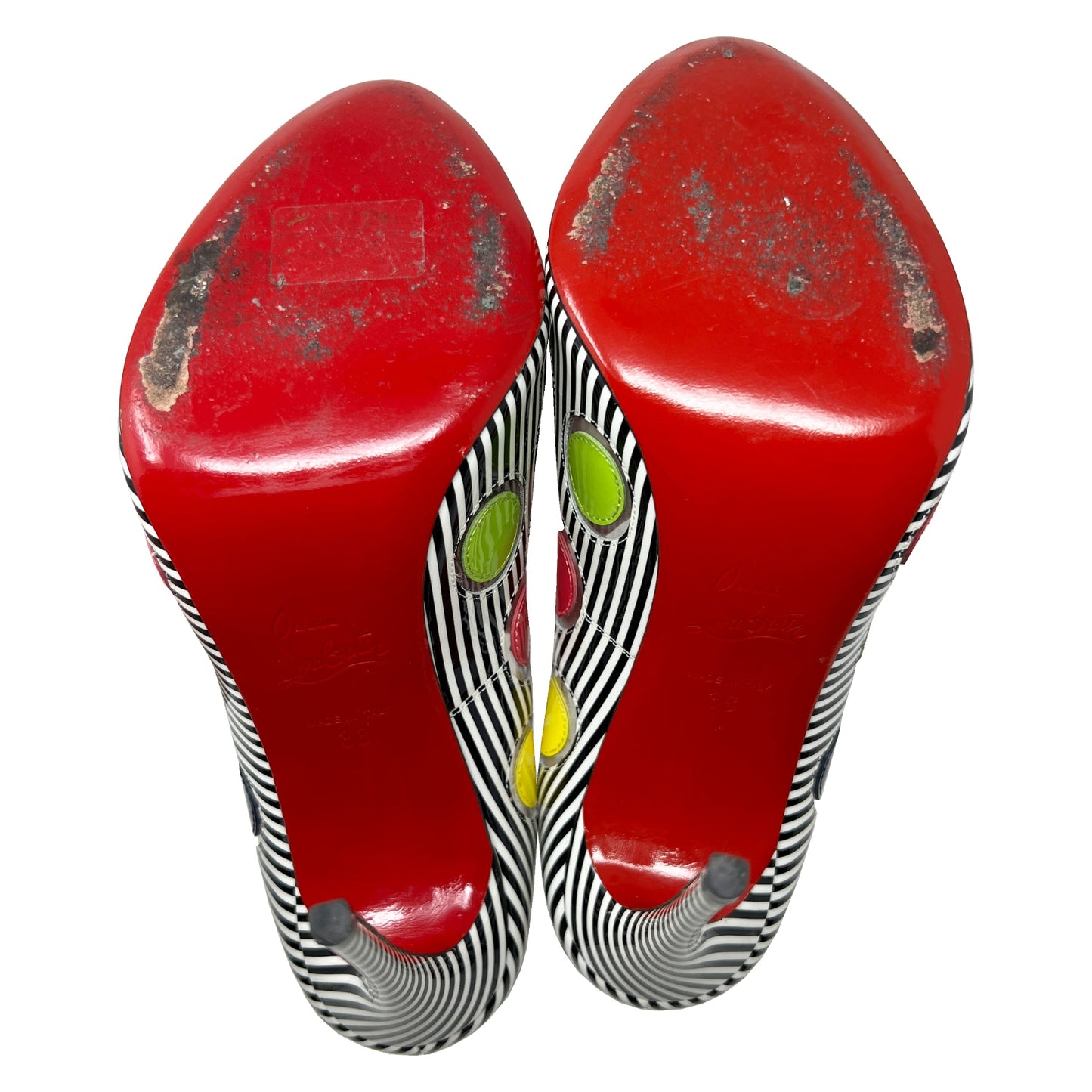 Christian Louboutin 40 Ladybug 100 Multicolor Polka Dot Striped Peep Toe Pumps Size EU 38