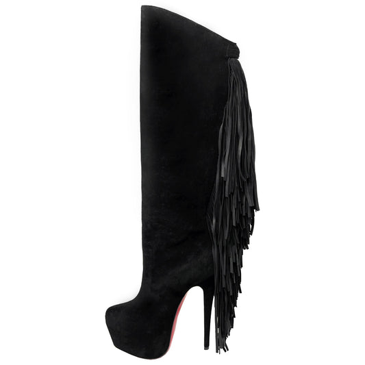 Christian Louboutin Interlopa 160 Black Suede Fringe Platform Knee High Boots Size EU 37