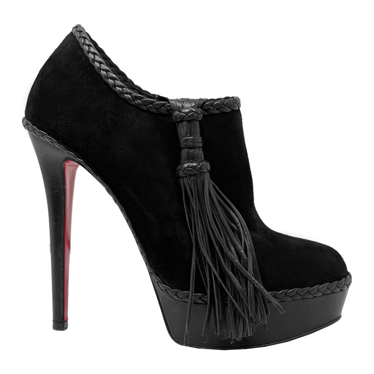 Christian Louboutin Sultane 140 Black Suede Braided Leather Trim round Toe Platform High Heel Ankle Boots