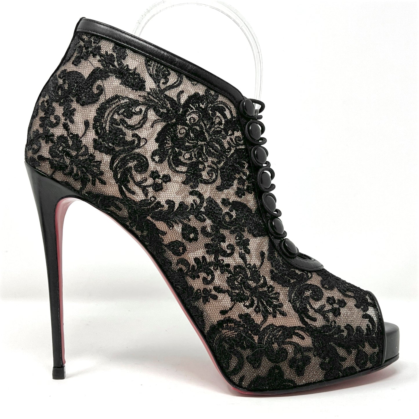 Christian Louboutin Top Top Black Lace Leather Trim Peep Toe Ankle Boots Pumps Size EU 39.5