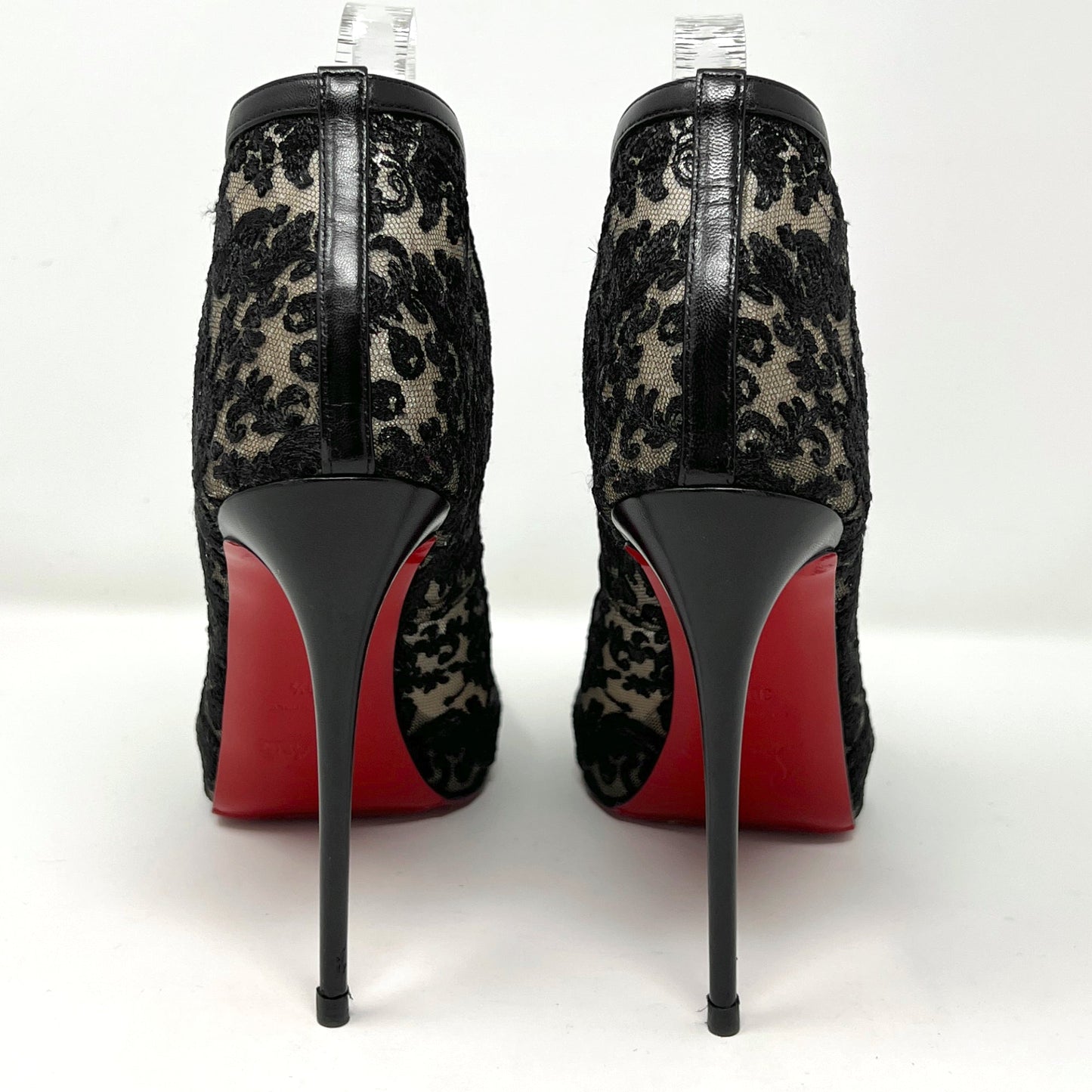 Christian Louboutin Top Top Black Lace Leather Trim Peep Toe Ankle Boots Pumps Size EU 39.5