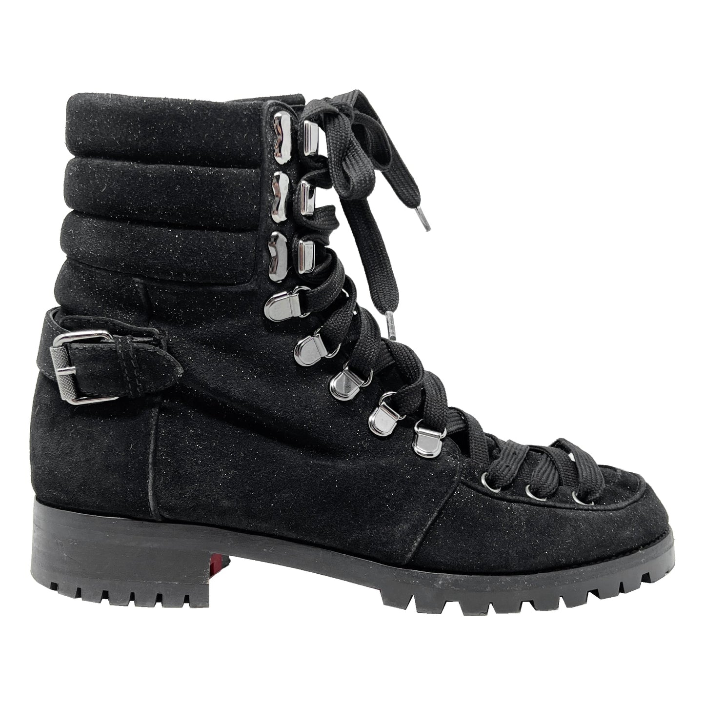 Christian Louboutin Boots Who Runs Black Shimmer Suede Lace Up Round Toe Rubber Sole Ankle Boots