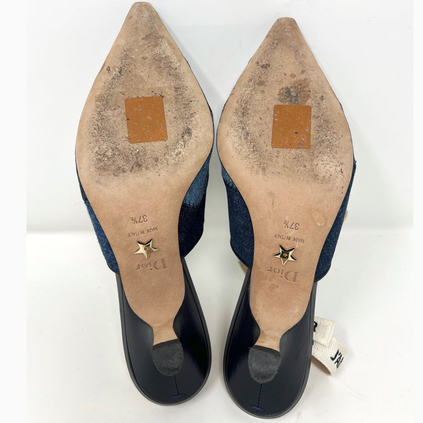 Dior J'Adior Denim Patchwork Pointed Toe Logo Ribbon Slingback Low Heels Pumps Size EU 37.5