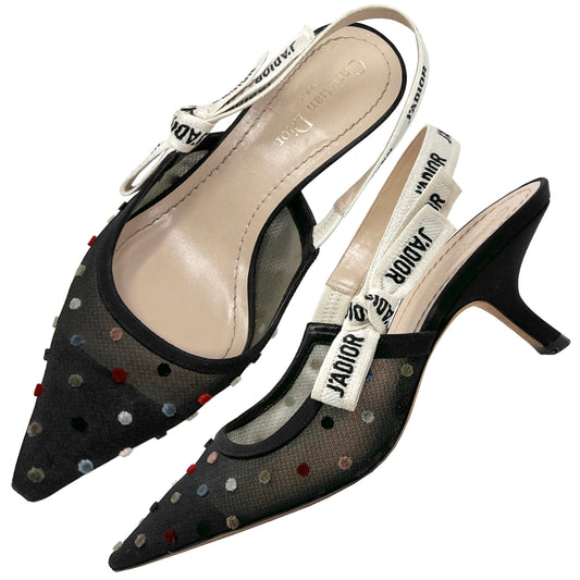 Dior J'Adior Multicolor Velvet Polka Dot Black Mesh Pointed Logo Slingback Pumps Size EU 39