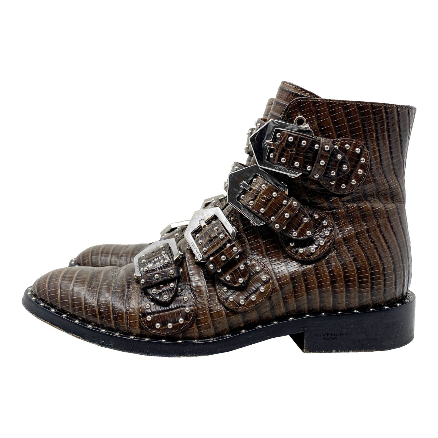 Givenchy Prue Studded Buckle Embossed Leather Ankle Boots