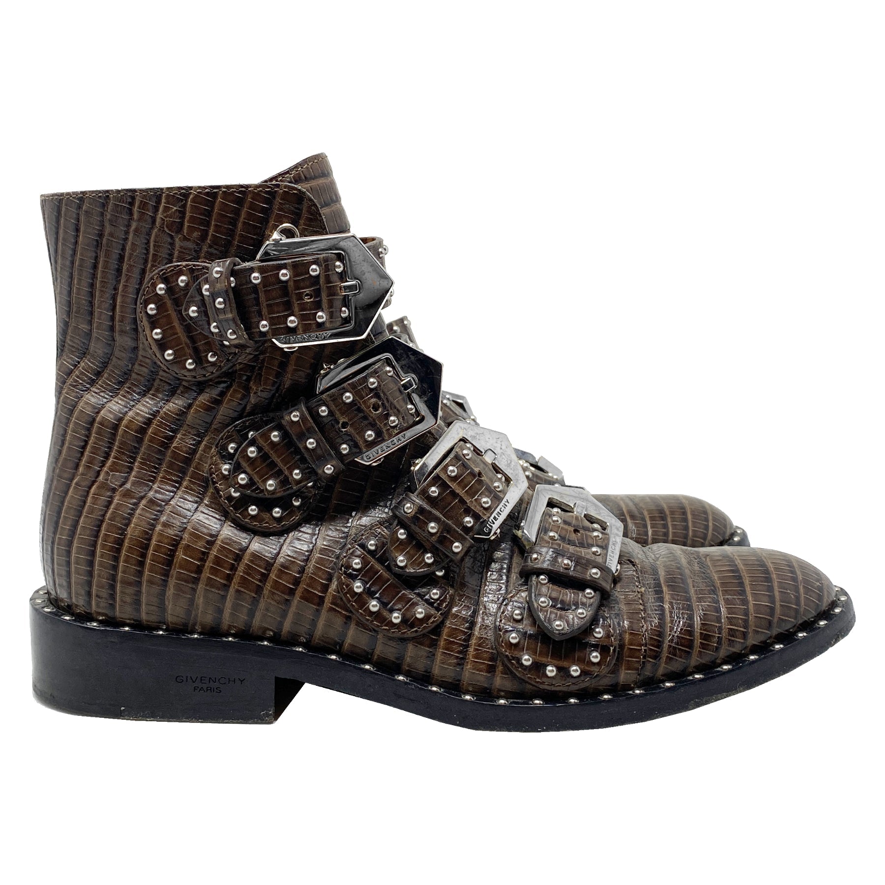 Givenchy Prue Studded Buckle Embossed Leather Ankle Boots