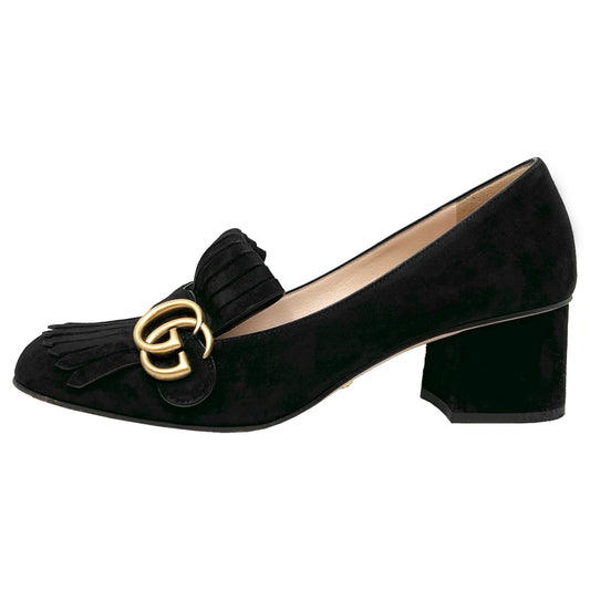 Gucci Black Suede Marmont GG Gold Logo Kiltie Fringe Block Heel Loafers Heels Size EU 39