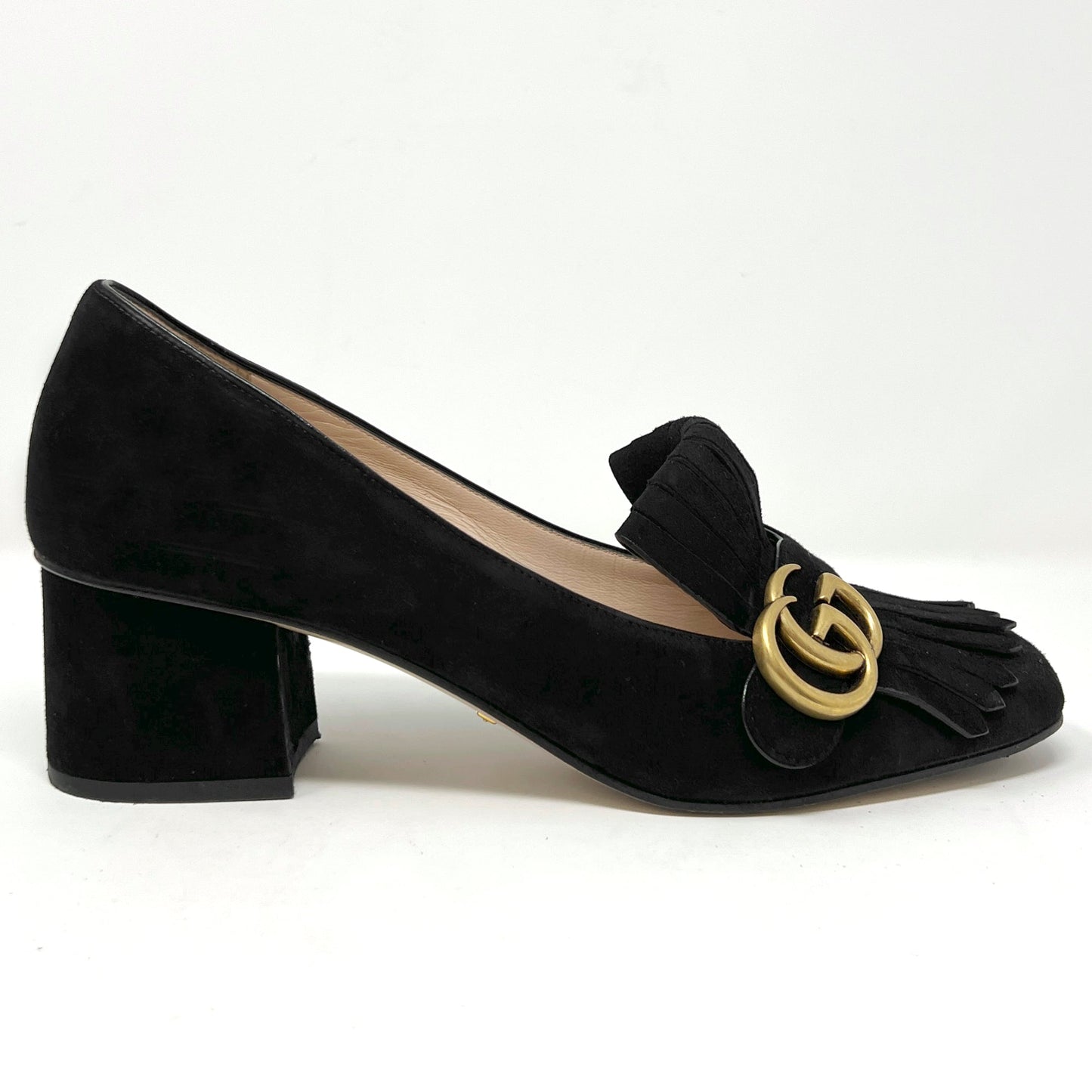 Gucci Black Suede Marmont GG Gold Logo Kiltie Fringe Block Heel Loafers Heels Size EU 39