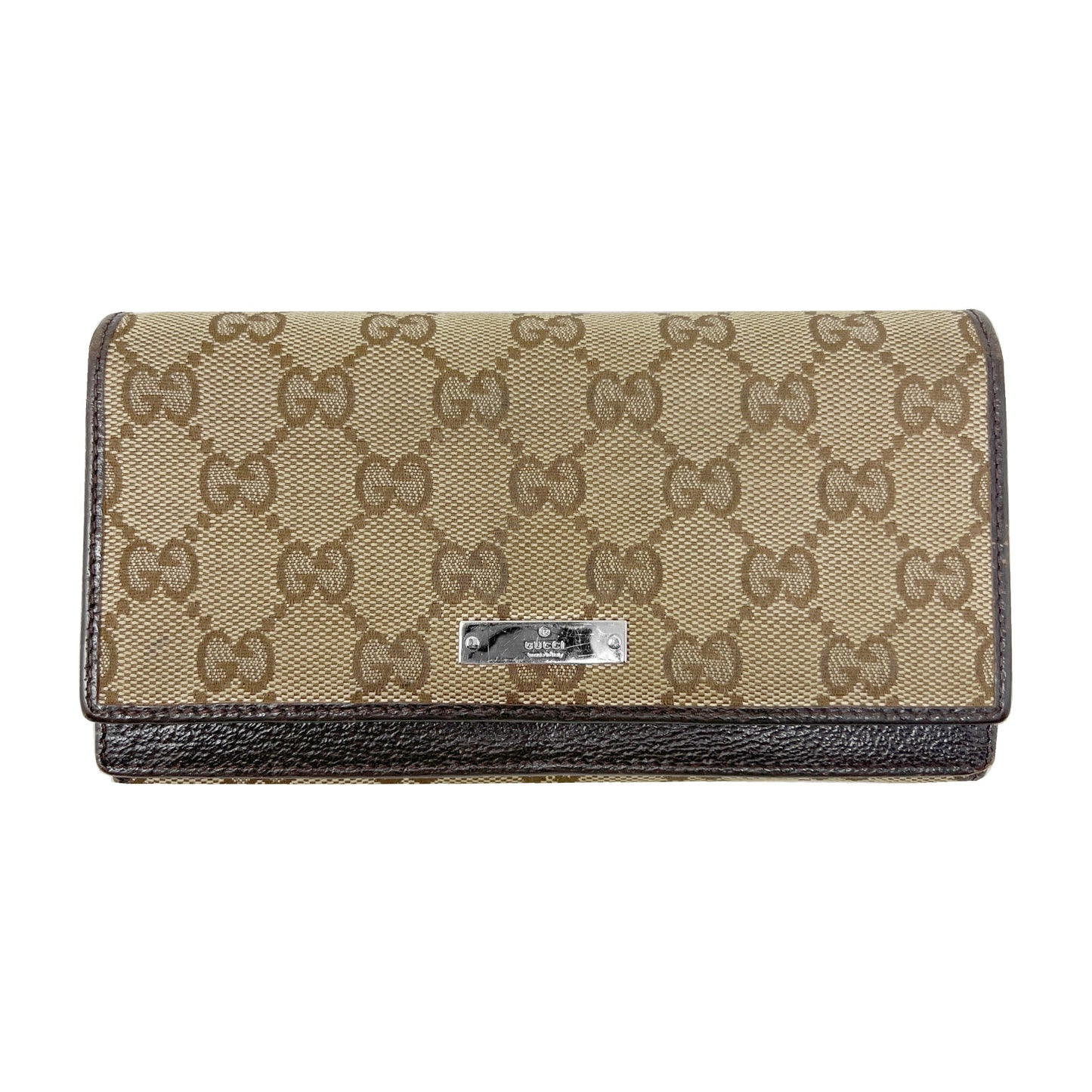 Gucci Supreme Monogram Logo Tan and Brown Leather Trim Continental Bifold Wallet