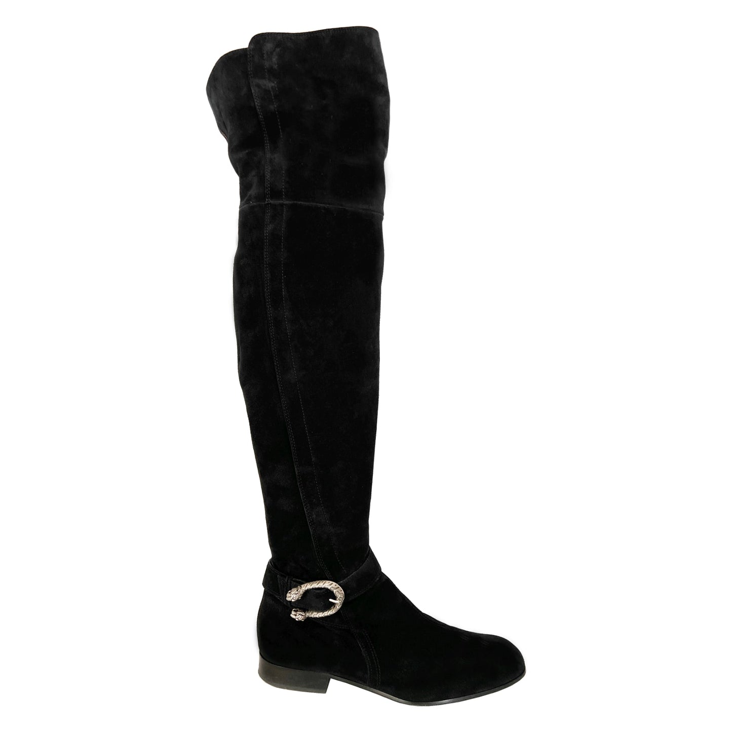 Gucci Dionysus Black Suede Silver Buckle Over The Knee Round Toe Flat Boots