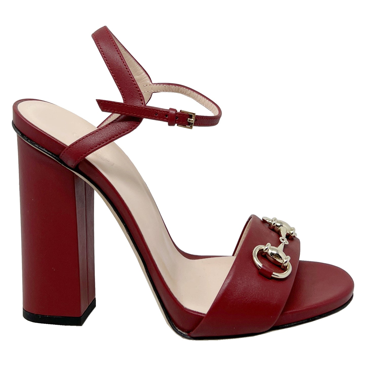 Gucci Red Leather Horsebit Ankle Strap Open Toe Block High Heel Sandals Size EU 37.5