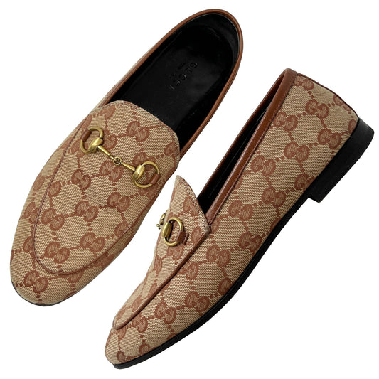 Gucci Jordaan Supreme Brown Monogram Canvas Leather Trim Loafers