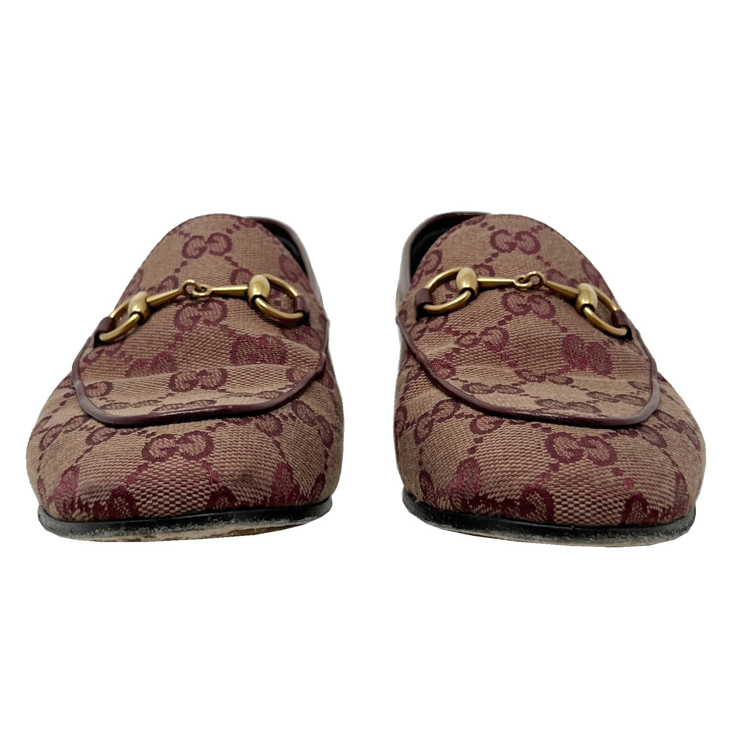 Gucci Jordaan Brown Red Monogram Canvas Leather Trim Horsebit Flats Loafers Size EU 36