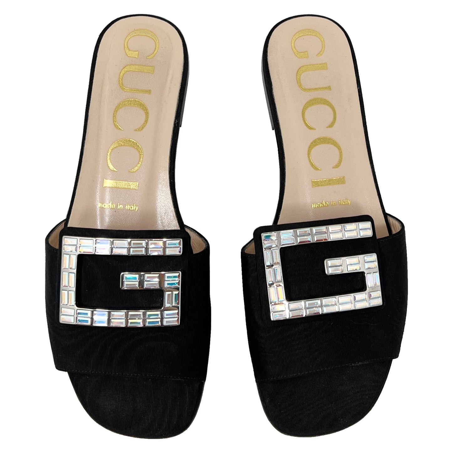 Gucci Shoes Madelyn Black Gross Grain Crystal Embellished GG Flat Sandal Mules