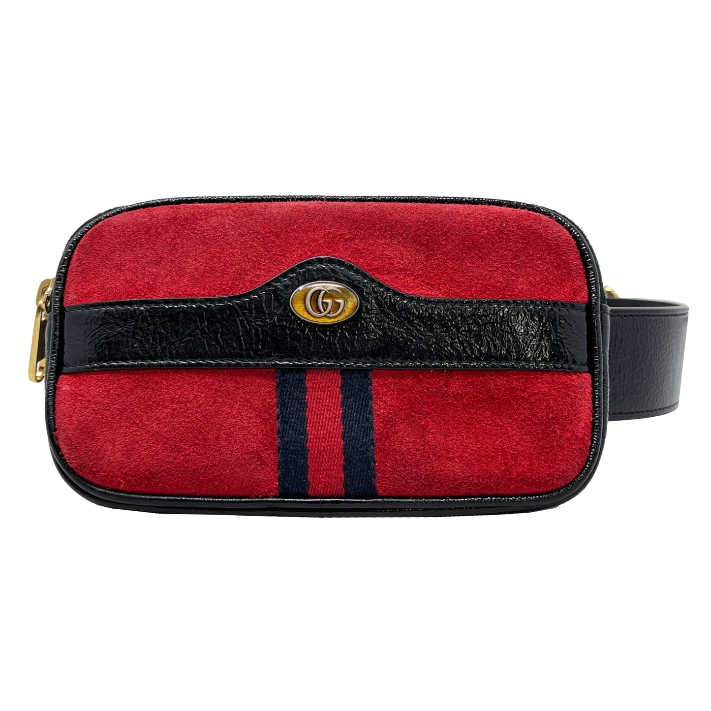 Gucci Ophidia Red Suede Patent Leather Trim Web Clutch Round Belt Bag