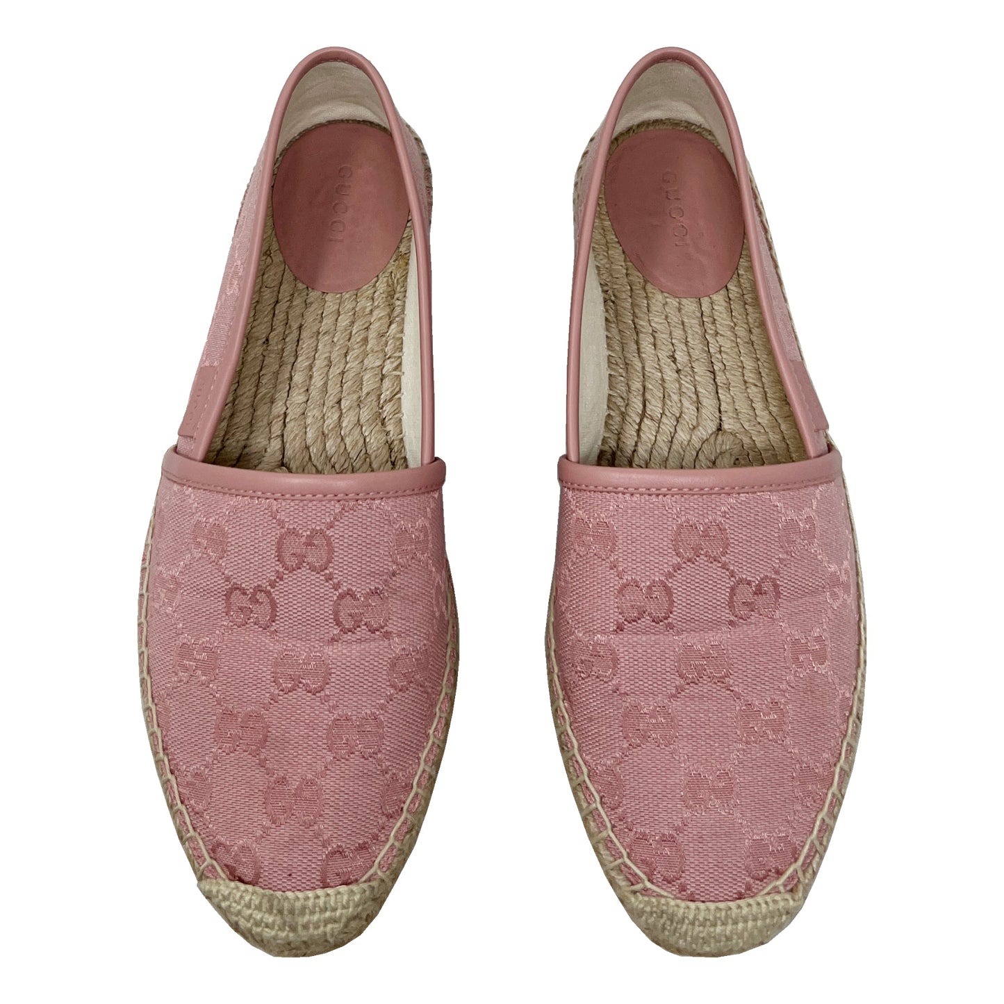 Gucci Supreme Pink Logo Monogram Canvas Leather Trim Espadrille Slip On Flats Size EU 37.5