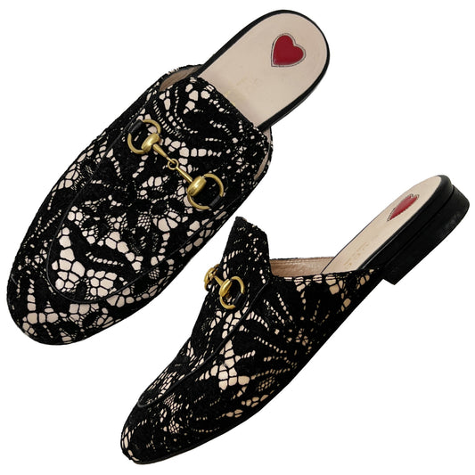 Gucci Princetown Black Lace Overlay Leather Horsebit Loafer Mules