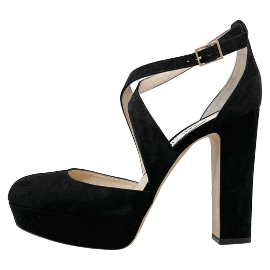 Jimmy Choo Joyce 120 Black Suede Round Toe Cross Block Heel Platform Pumps