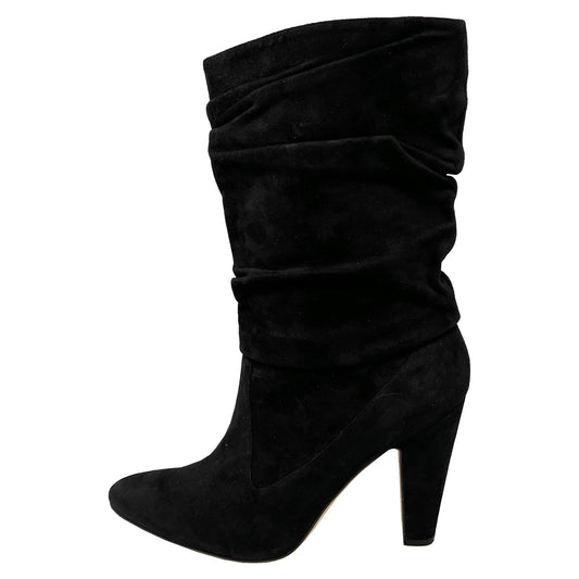 Manolo Blahnik Black Ruched Suede Artesina Pull-On Mid-Calf Block Heeled Boots