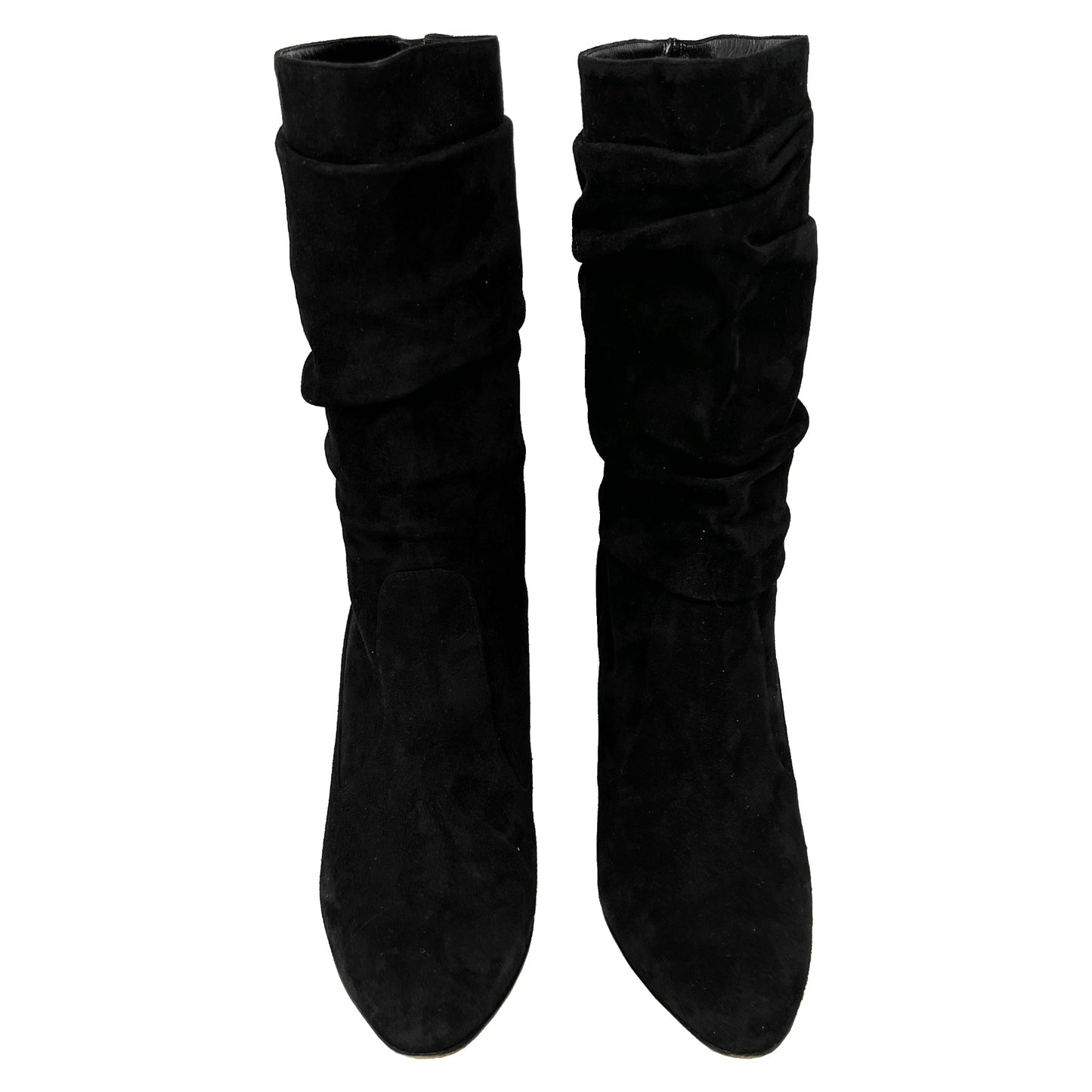 Manolo Blahnik Black Ruched Suede Artesina Pull-On Mid-Calf Block Heeled Boots