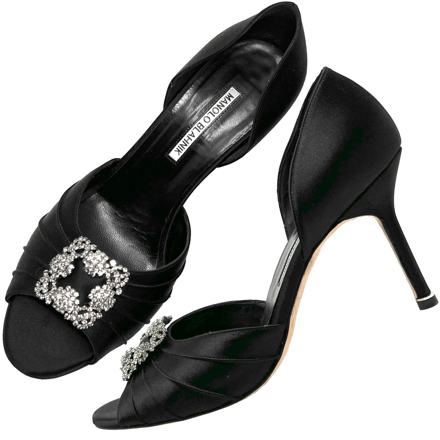 Manolo Blahnik Cassiado 90 Black Satin Crystal D'Orsay Peep Toe Sandals Pumps Size EU 38.5