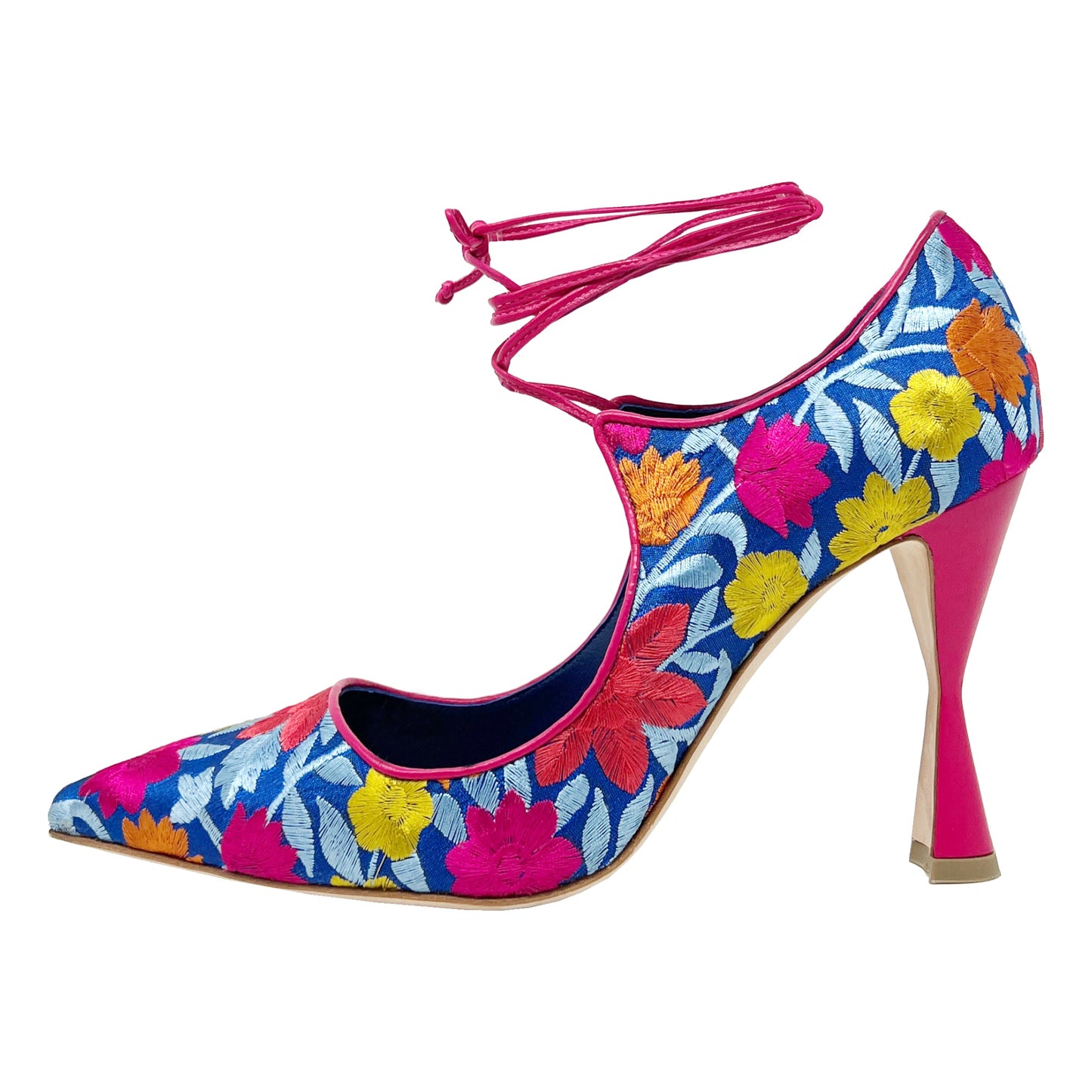 Manolo Blahnik Cotis Multicolor Floral Embroidered Pointed toe Ankle Wrap Pumps