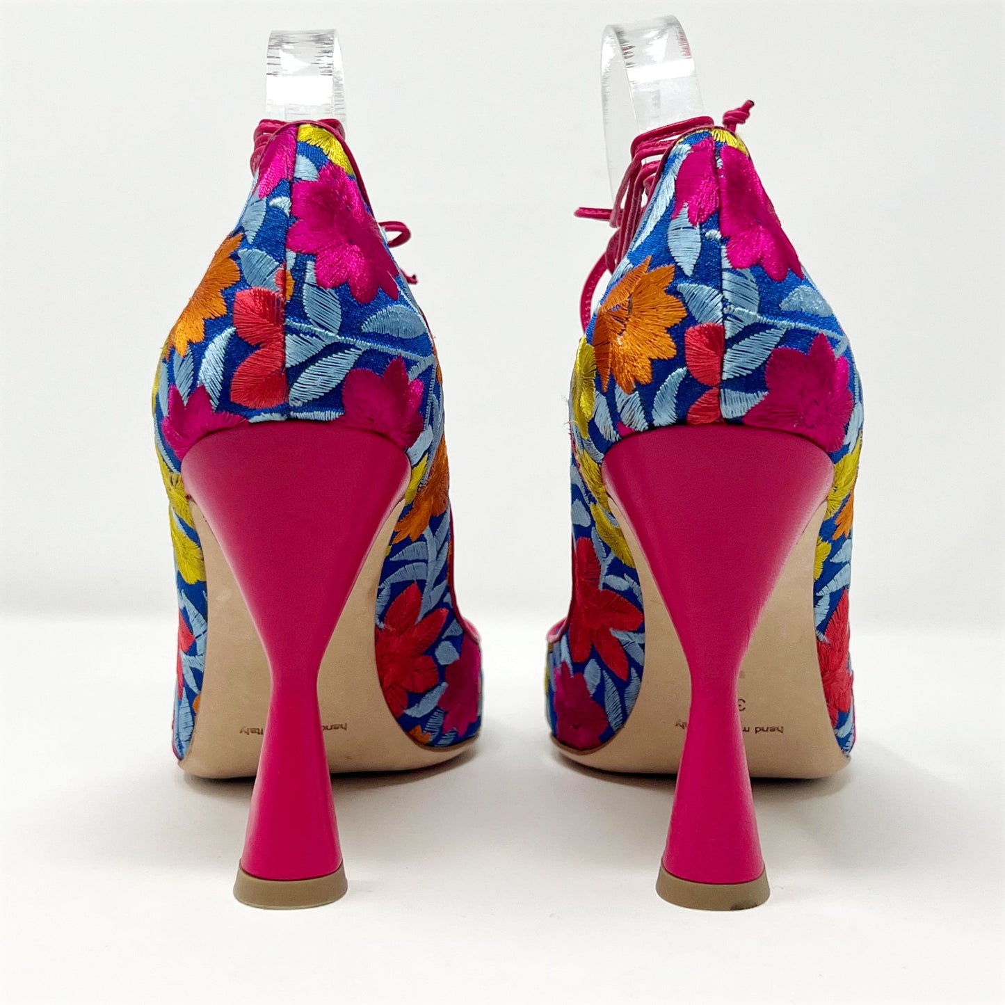 Manolo Blahnik Cotis Multicolor Floral Embroidered Pointed toe Ankle Wrap Pumps Size EU 39.5