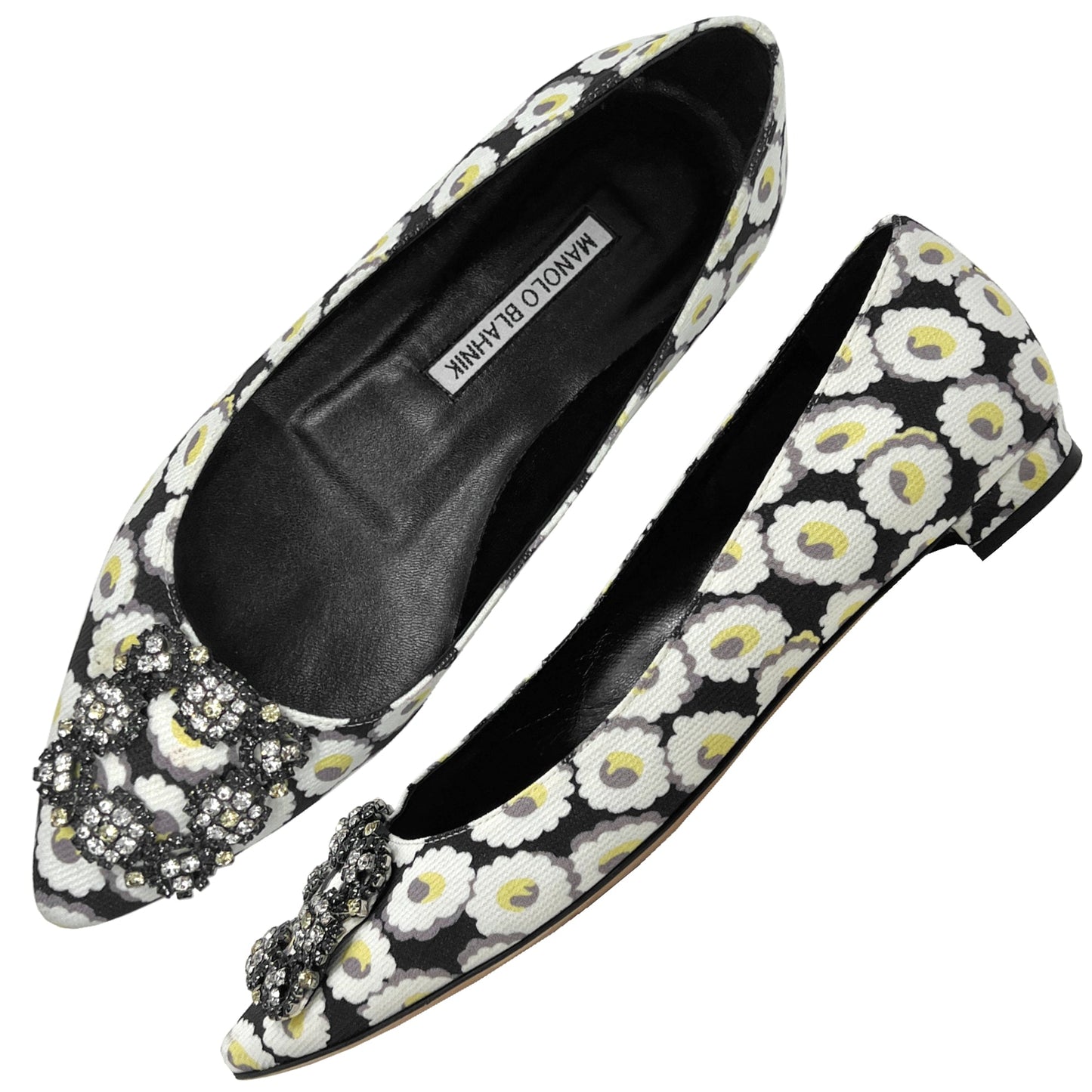 Manolo Blahnik Crystal Brooch Buckle Hangisi Floral Print Pointed Toe Flats Size EU 37