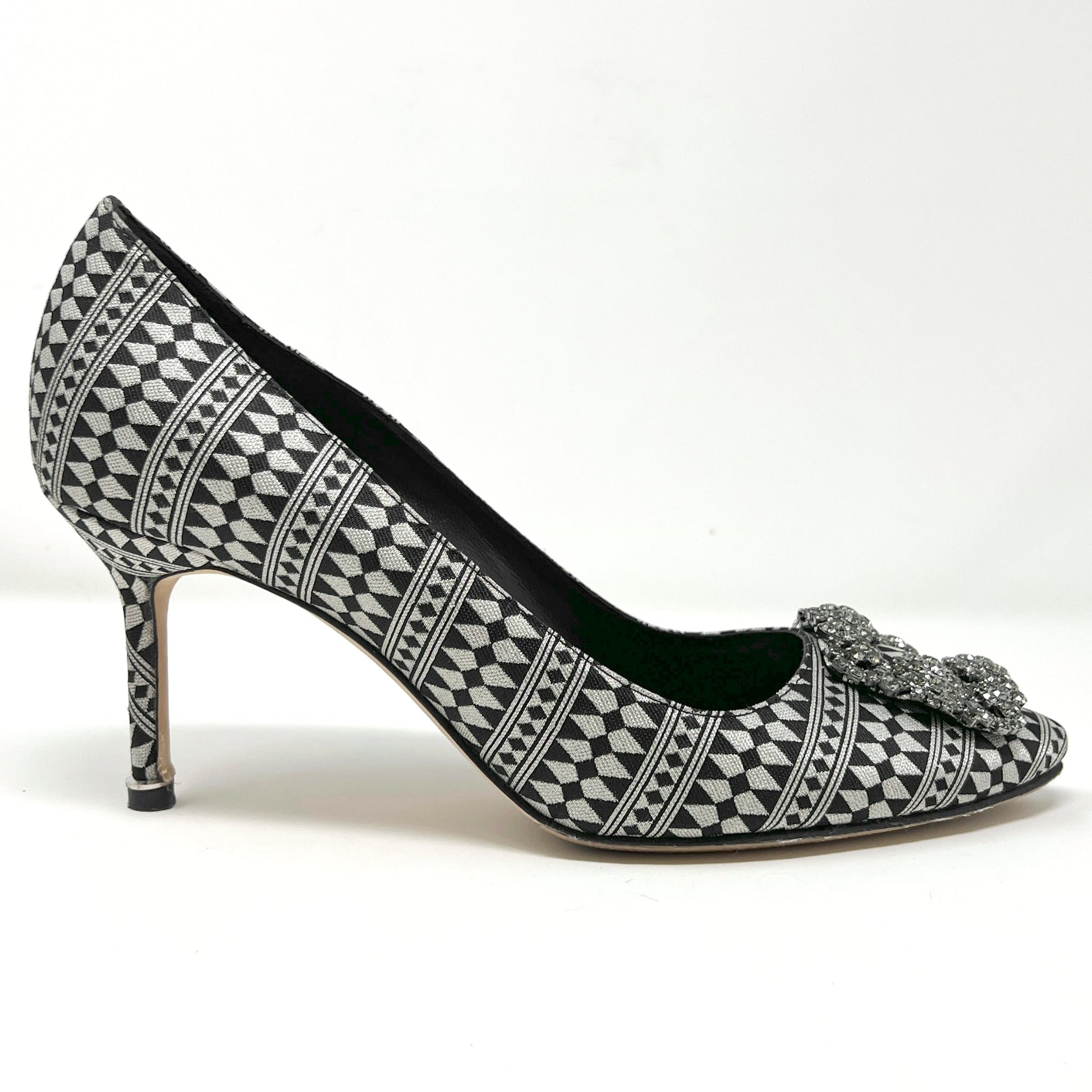 Manolo Blahnik Hangisi Silver Black Jacquard Geometric Print Crystal Buckle Heels Pumps