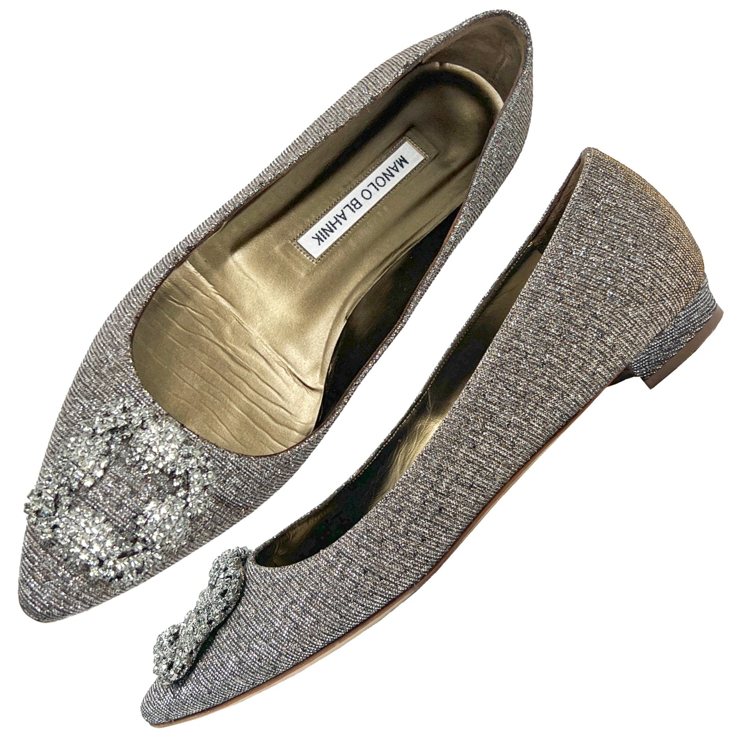 Manolo Blahnik Hangisi Gold Silver Metallic Lurex Crystal Buckle Pointed Flats Size EU 38